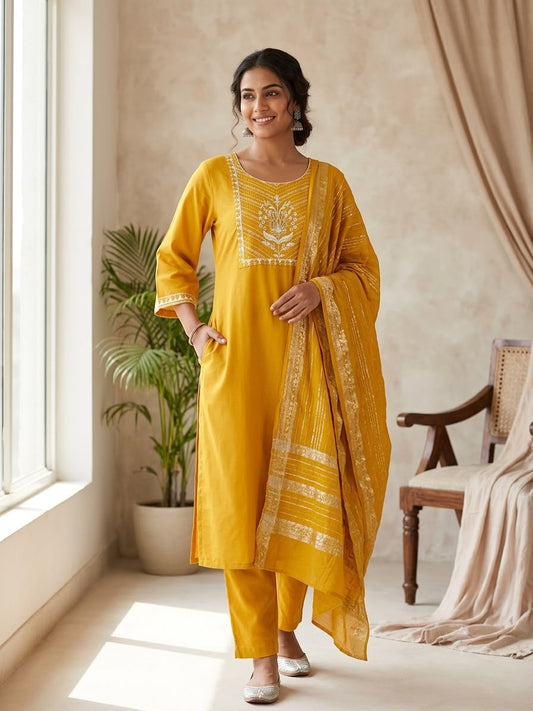 Mustard Melody Embellished 3-Piece Kurta Set
