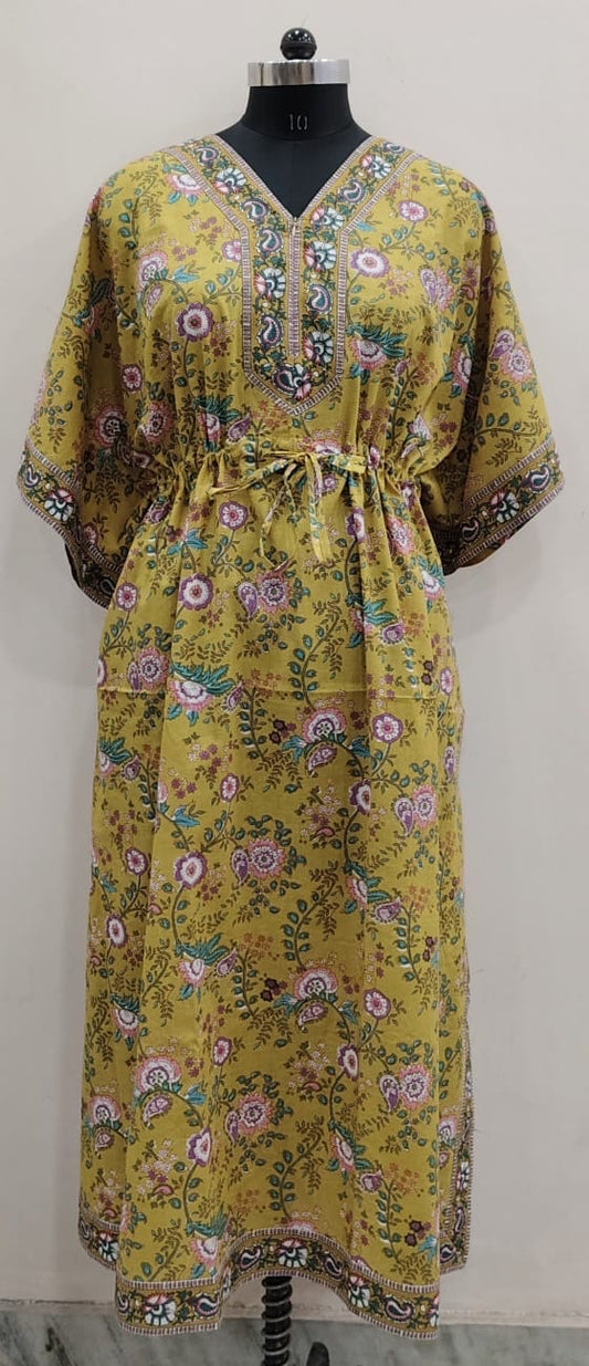 Sunehri Mustard Floral Front-Zip Kaftan Dress