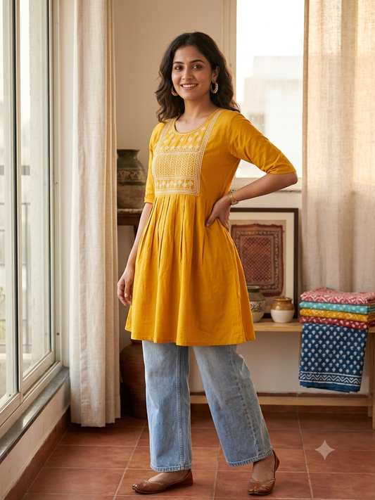 Mustard Yellow Thread-Embroidered Short Kurti
