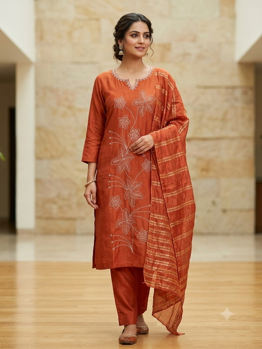 Festive Special: Terracotta Floral Threadwork Kurta, Pant & Striped Dupatta Set
