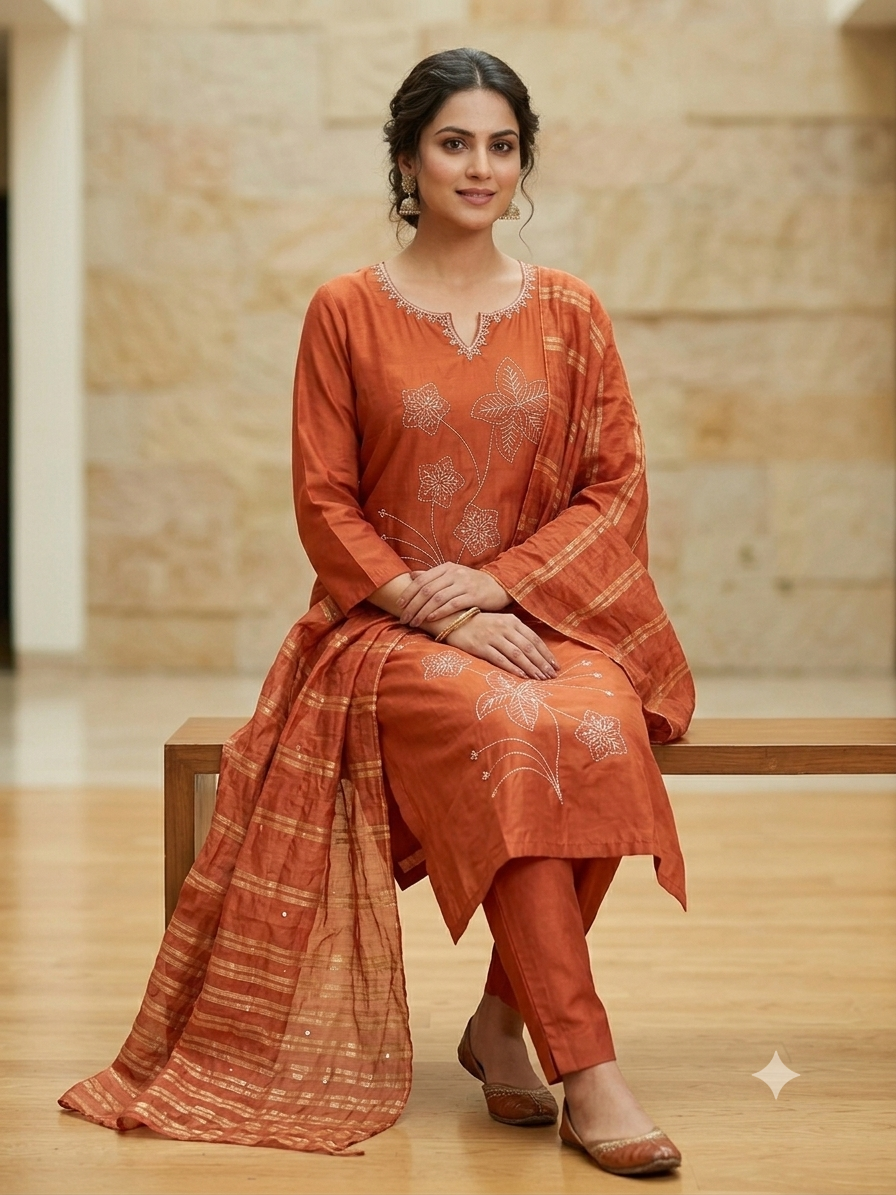 Festive Special: Terracotta Floral Threadwork Kurta, Pant & Striped Dupatta Set