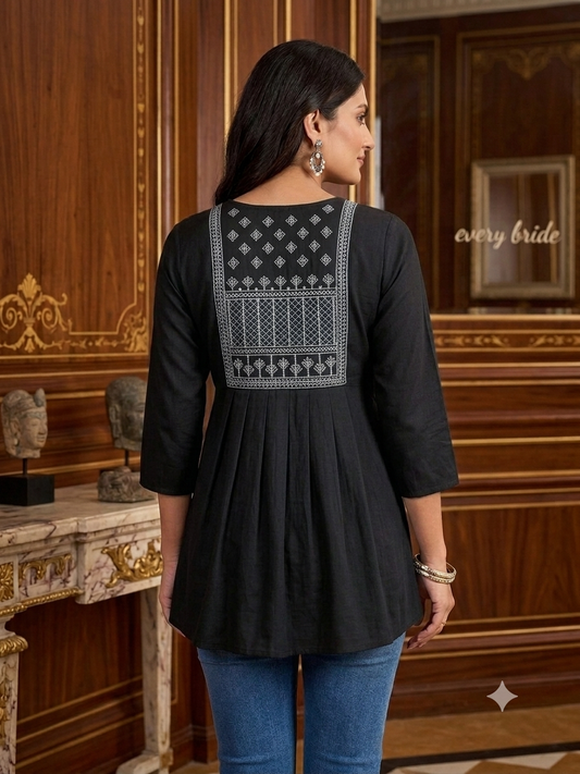 Elegant Embroidered Rayon Short Tunic by Radhya -BLACK