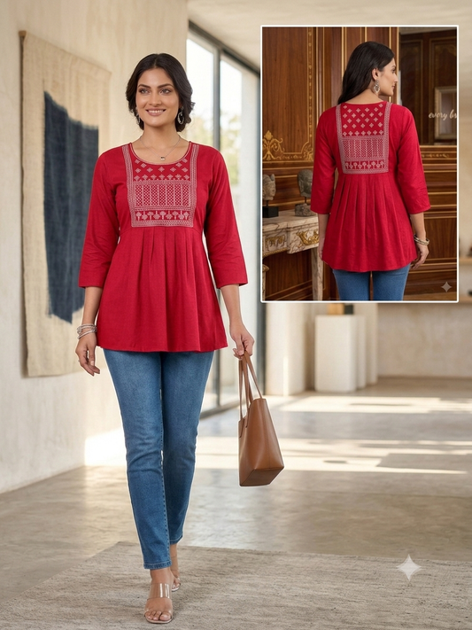 Elegant Embroidered Rayon Short Tunic by Radhya-Red