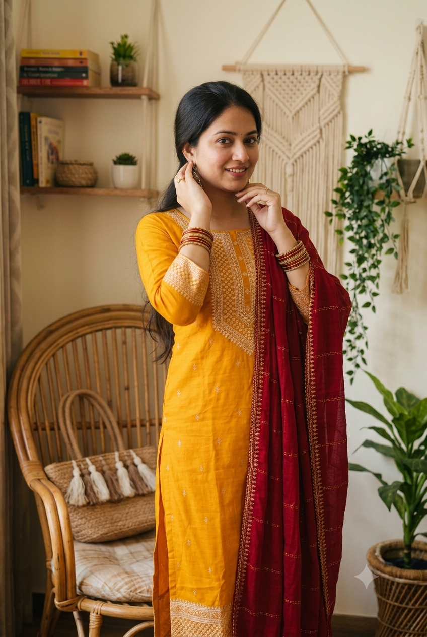 Radiant Mustard Embroidered Kurta & Crimson Dupatta Set