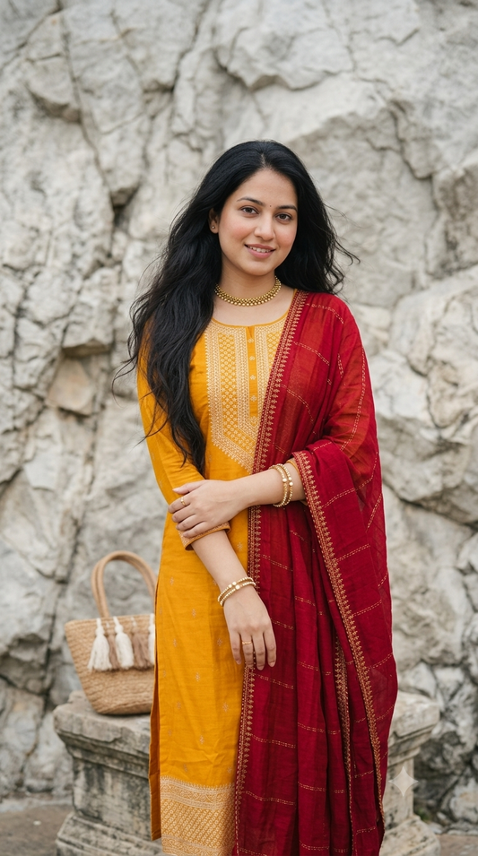 Radiant Mustard Embroidered Kurta & Crimson Dupatta Set