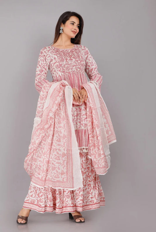 Pink & Off-White Hand-Block Printed Cotton Sharara Set