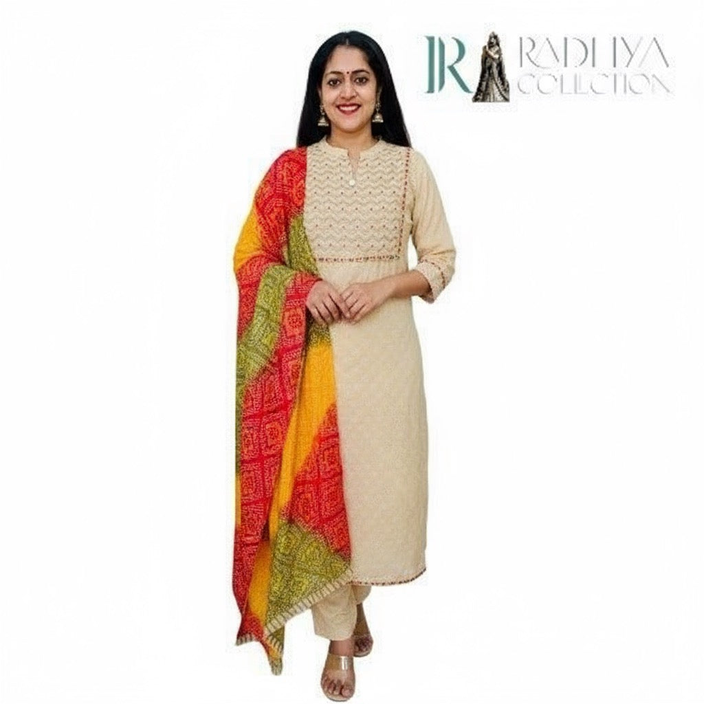Radhya Collection Beige Bandhani Kurta Set with Printed Dupatta