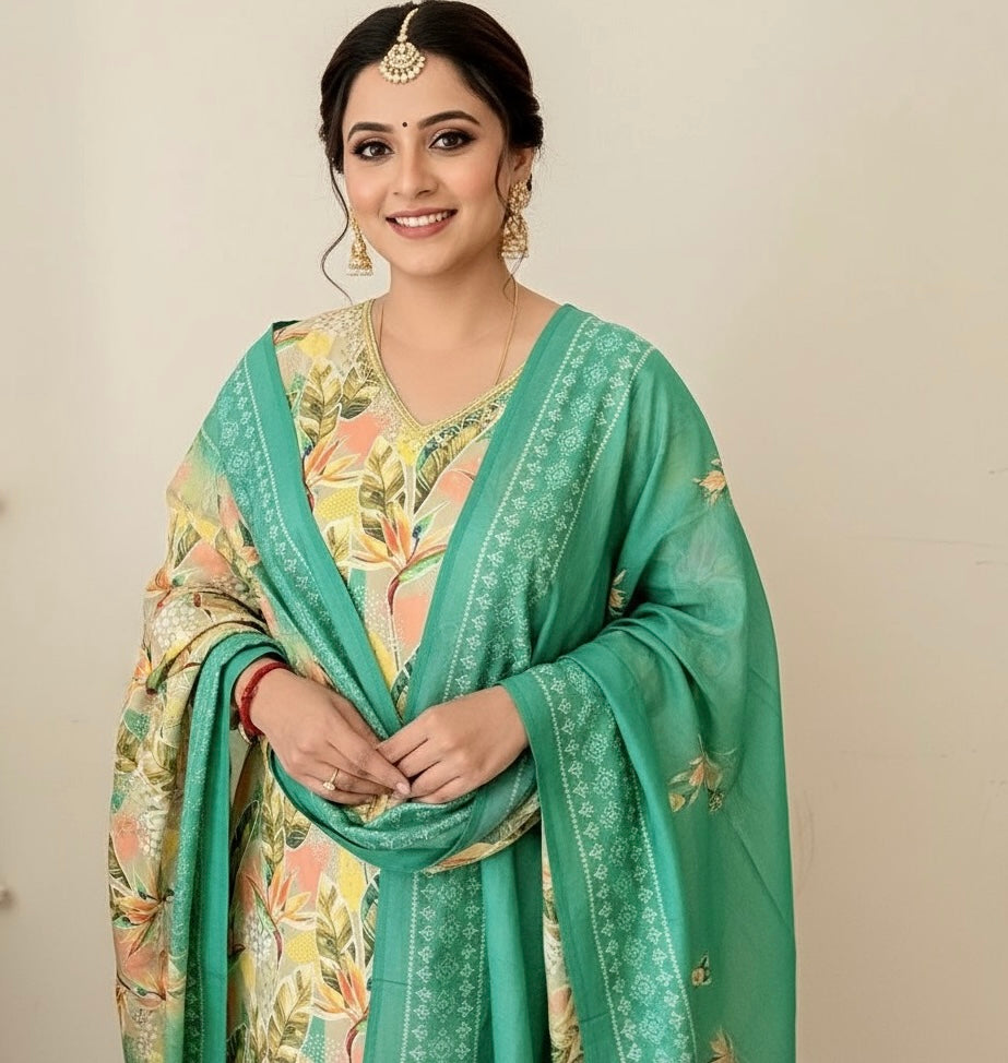 Emerald Pure Crepe Floral Suit | RadhyaCollection | Shopwithradhya.in