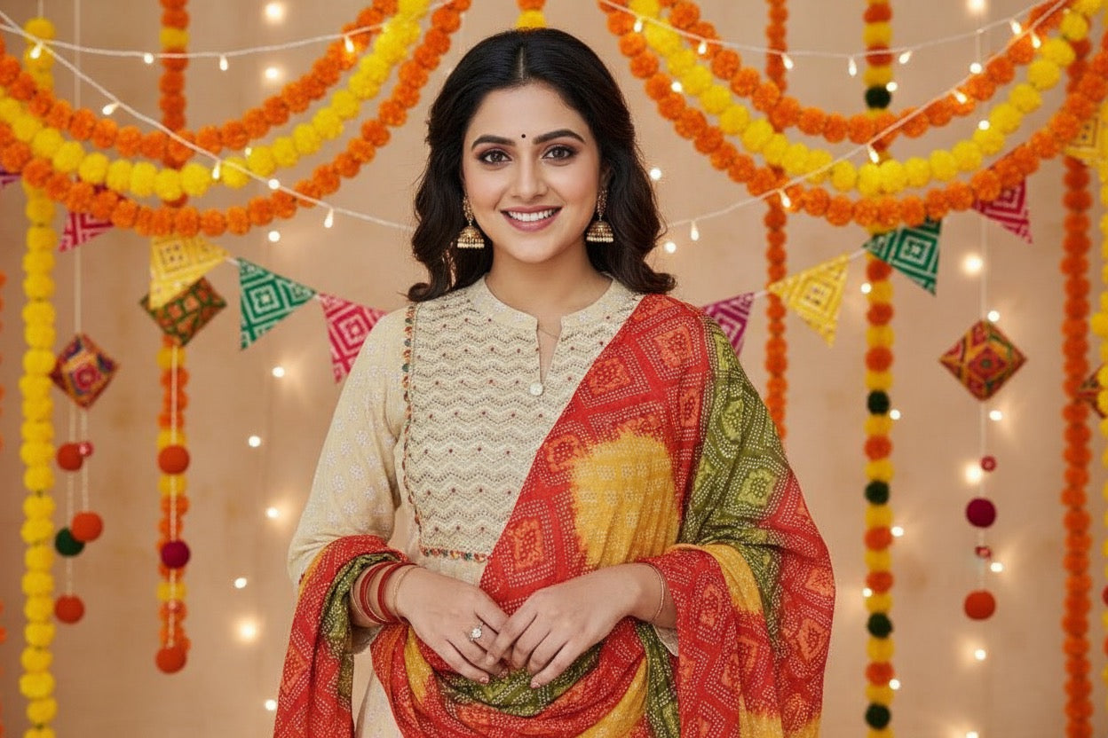 Radhya Collection Beige Bandhani Kurta Set with Printed Dupatta