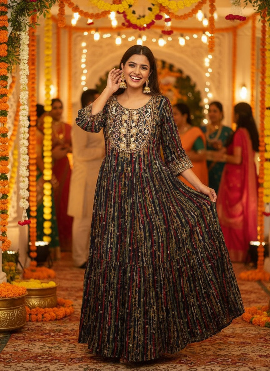 Radhya Collection Striped Embroidered Ethnic Gown