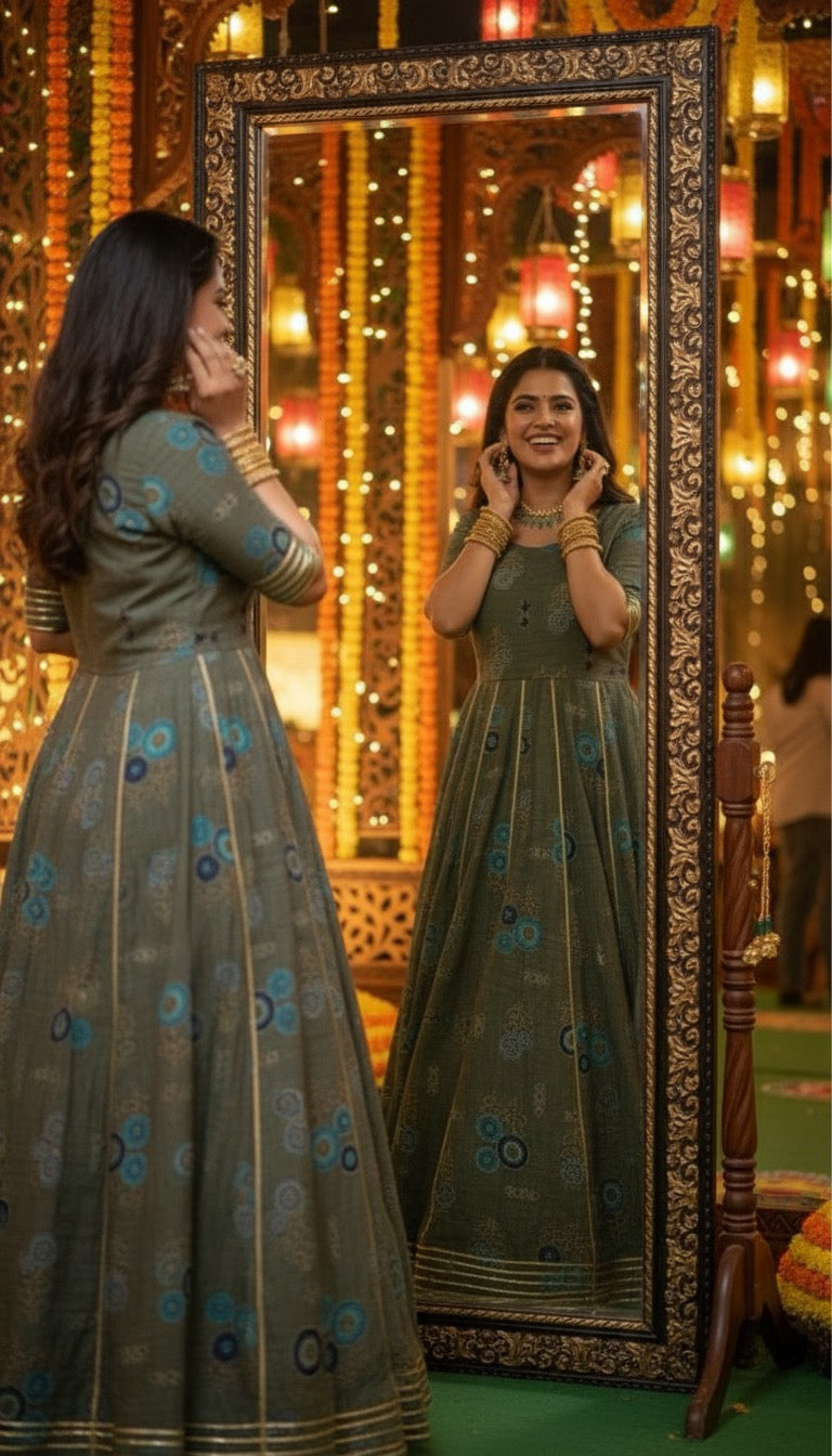 Olive Mandala Cotton Anarkali Gown – RadhyaCollection