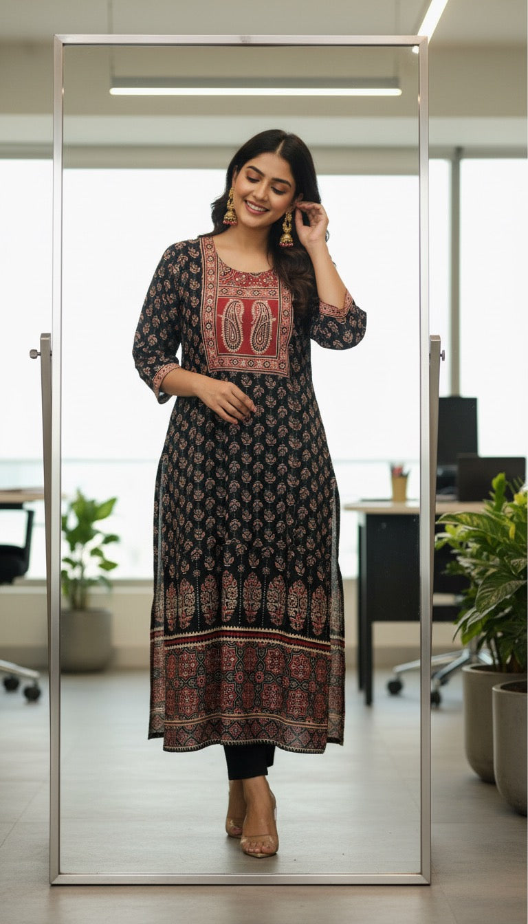 Radhya Collection Black Ethnic Printed Cotton Kurti