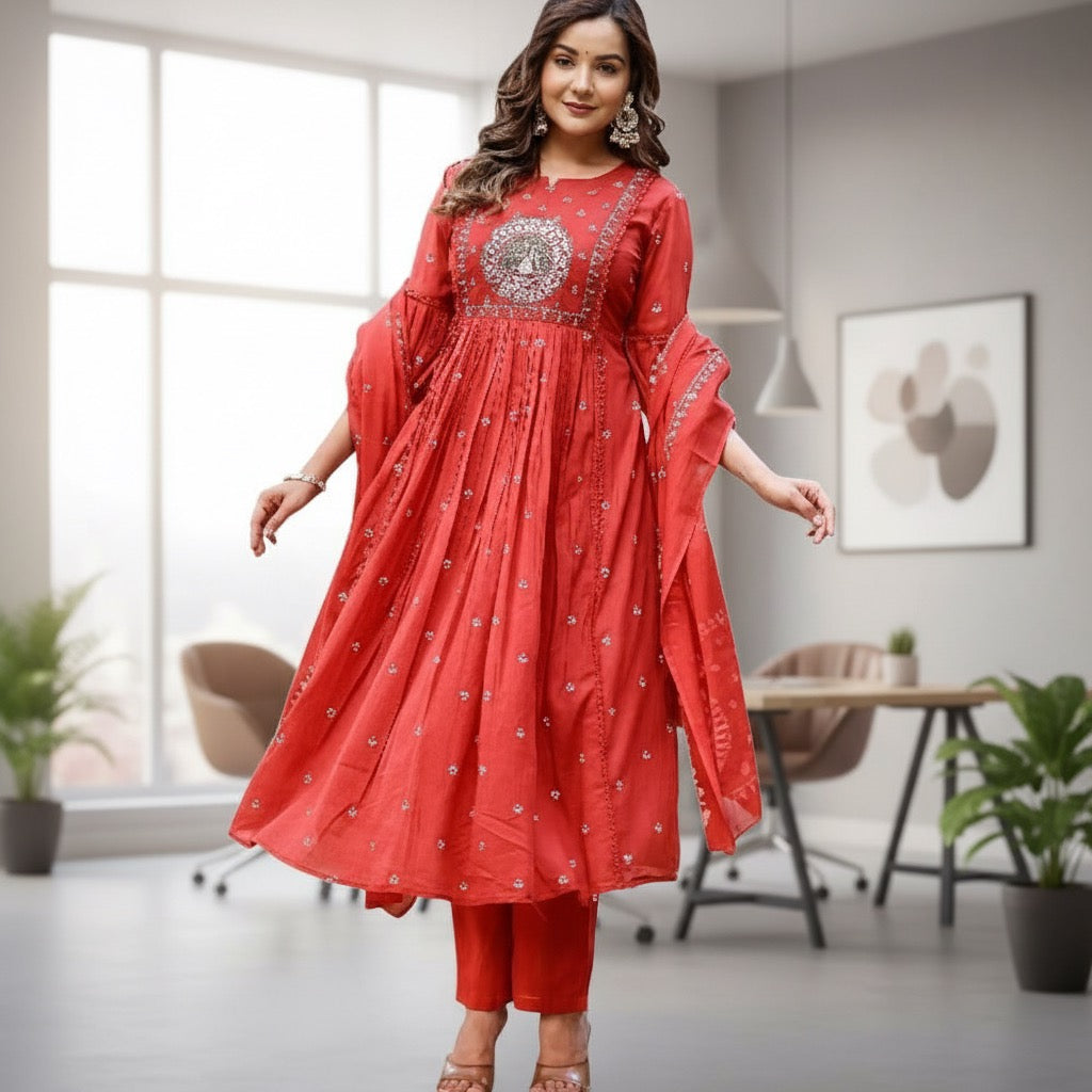 Red Festive Embroidered Anarkali Set