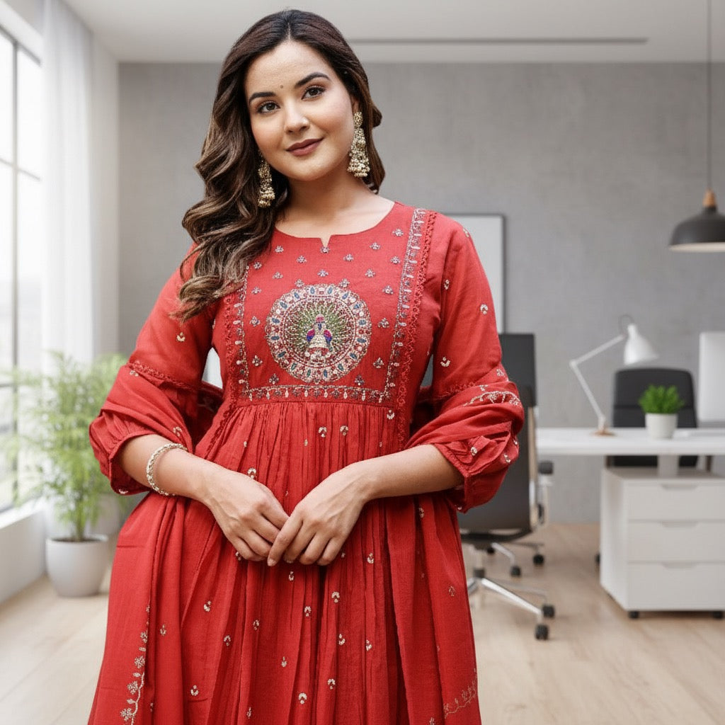 Red Festive Embroidered Anarkali Set