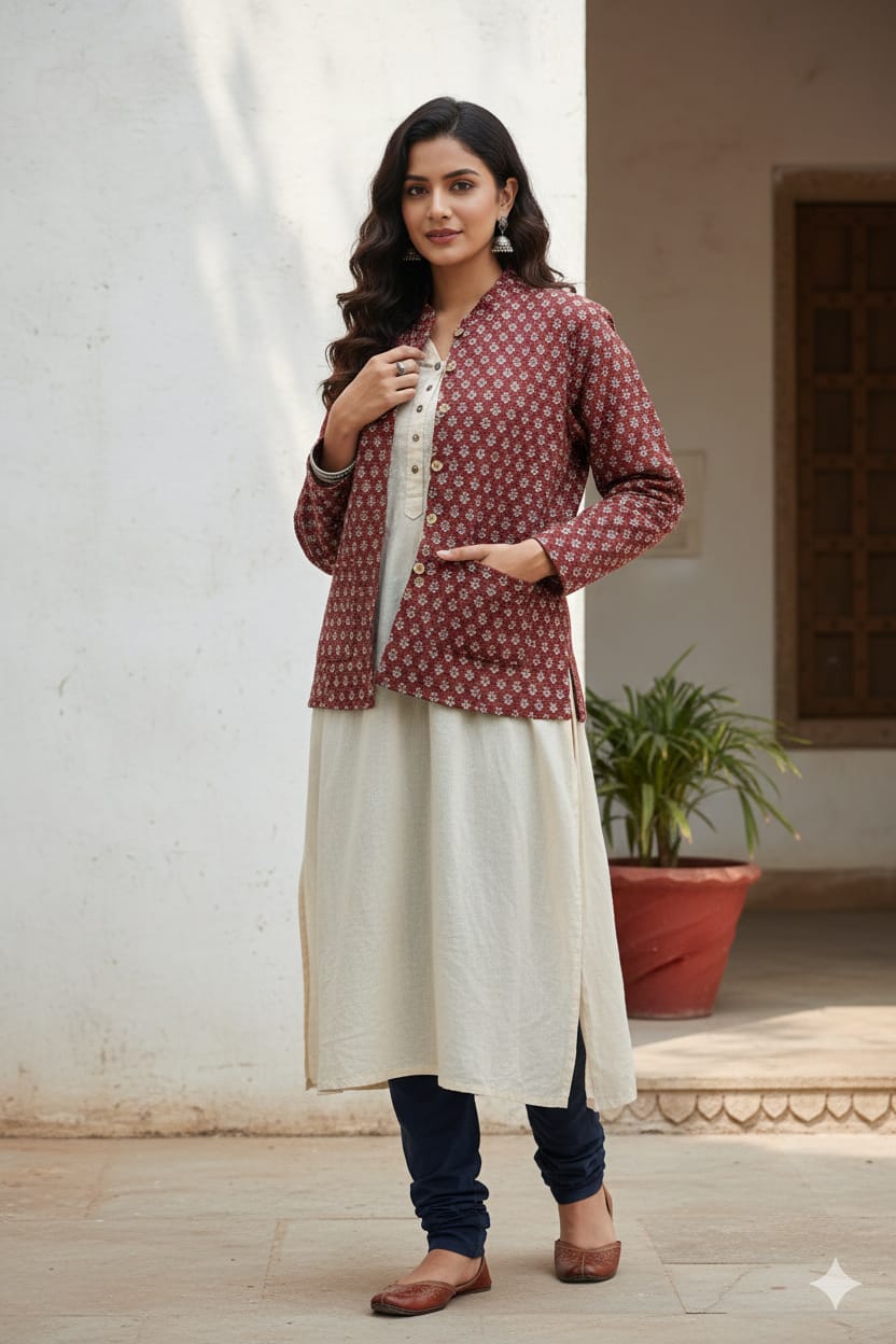 Radhya Maroon Ikat Reversible Quilted Cotton Jacket