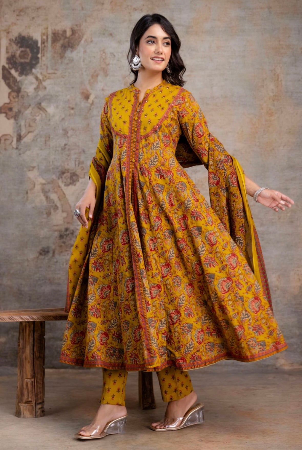 Radhya Mustard Floral Block Print Cotton Anarkali Suit Set