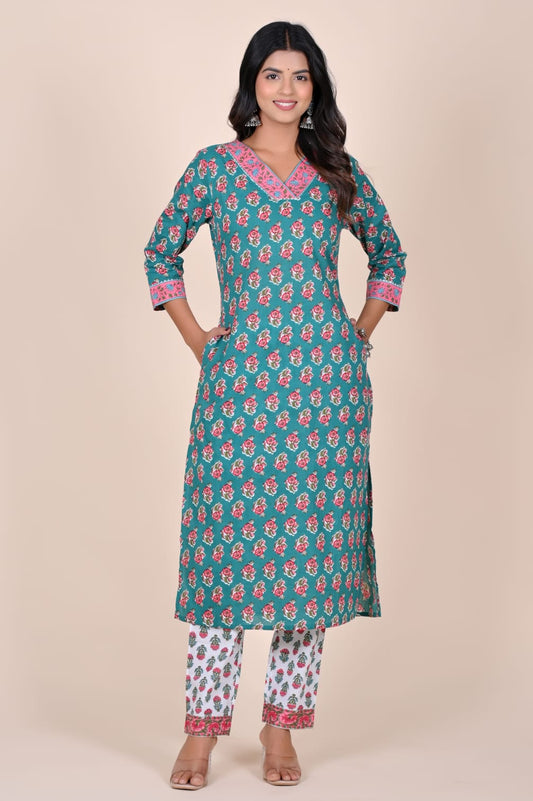 Neel Gulab Handblock Pocket Kurti