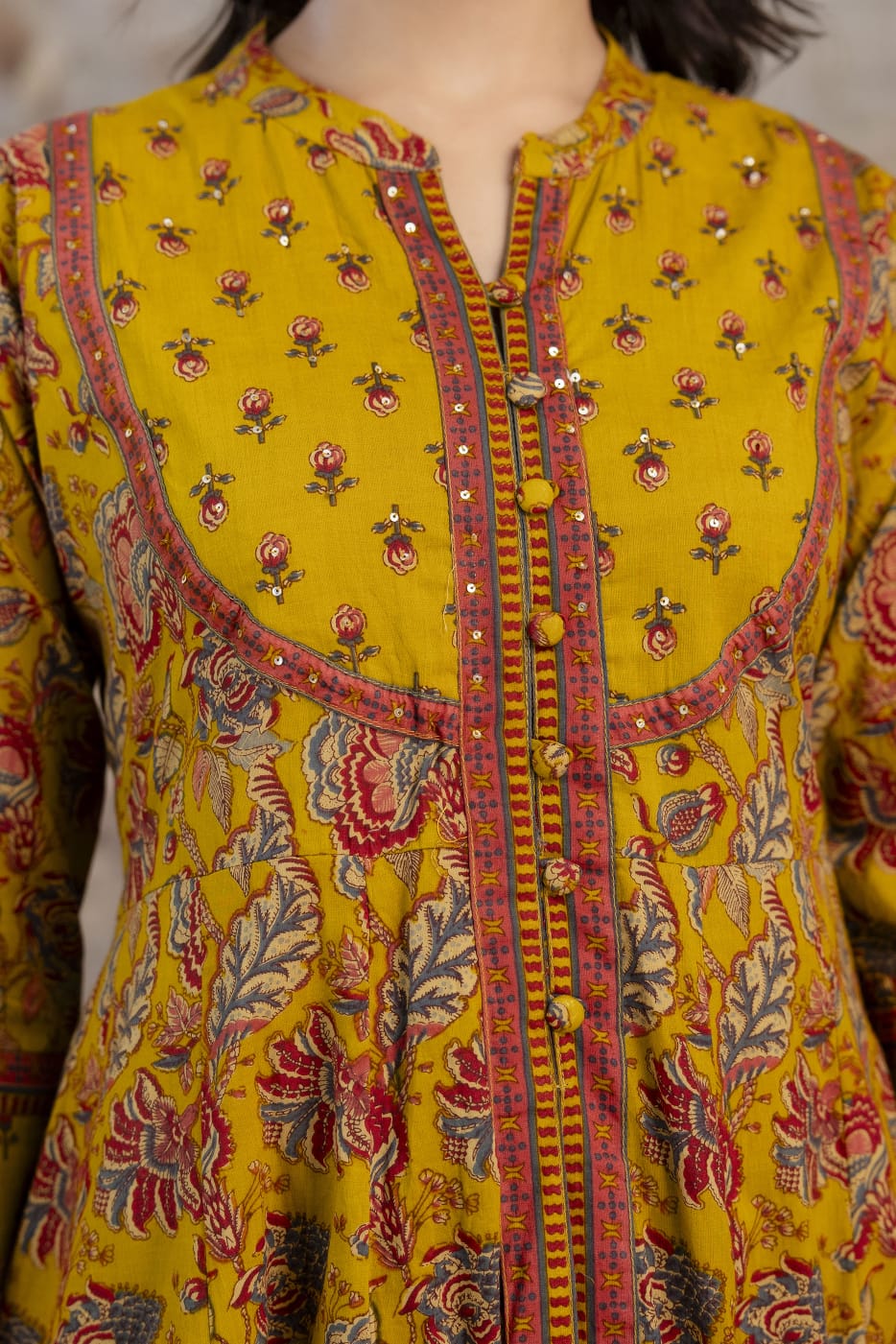 Radhya Mustard Floral Block Print Cotton Anarkali Suit Set