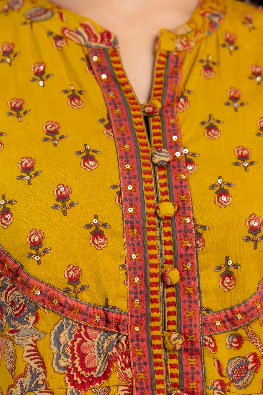 Radhya Mustard Floral Block Print Cotton Anarkali Suit Set