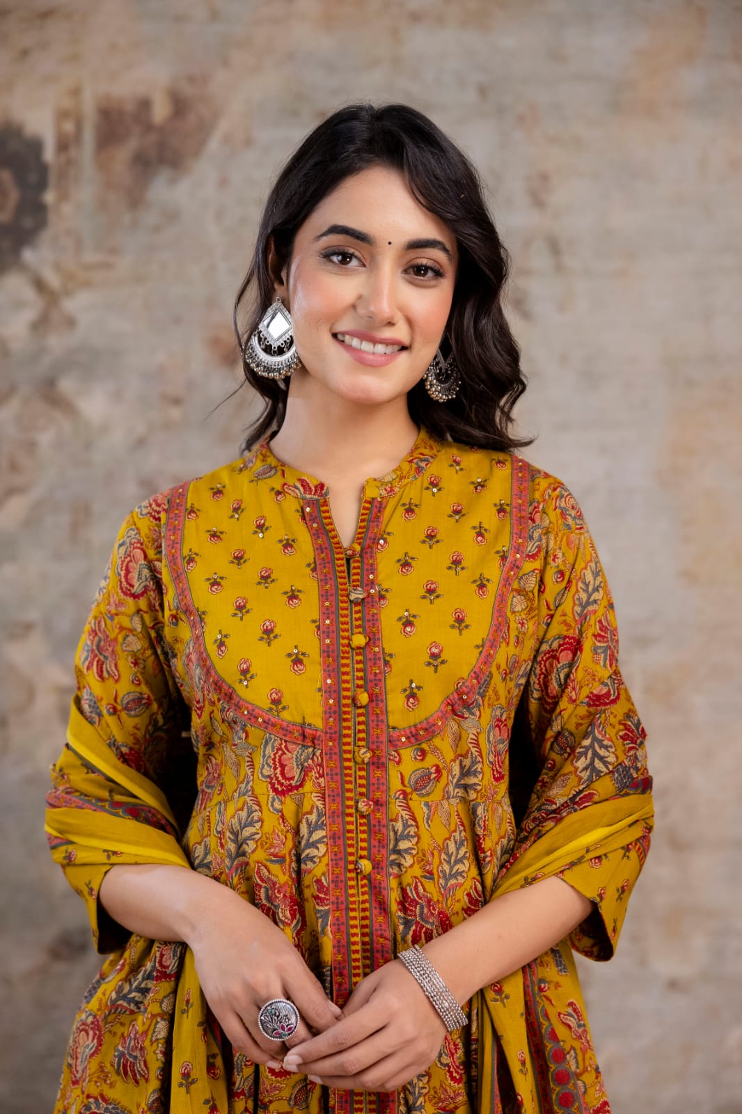Radhya Mustard Floral Block Print Cotton Anarkali Suit Set