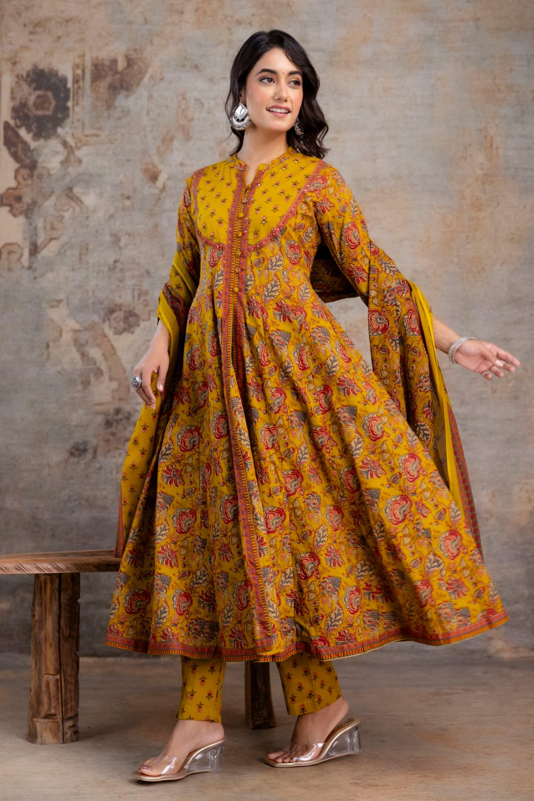 Radhya Mustard Floral Block Print Cotton Anarkali Suit Set