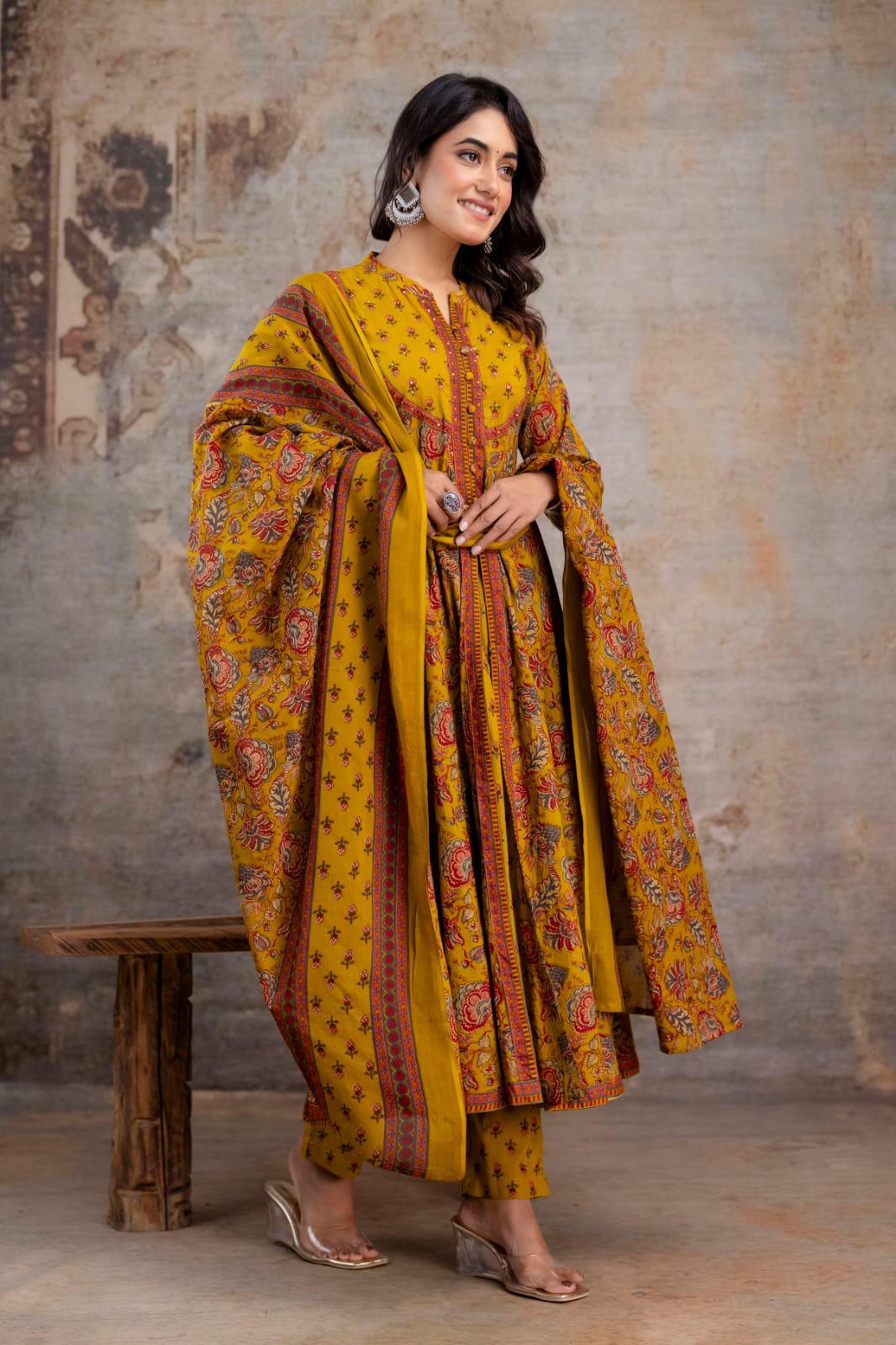 Radhya Mustard Floral Block Print Cotton Anarkali Suit Set