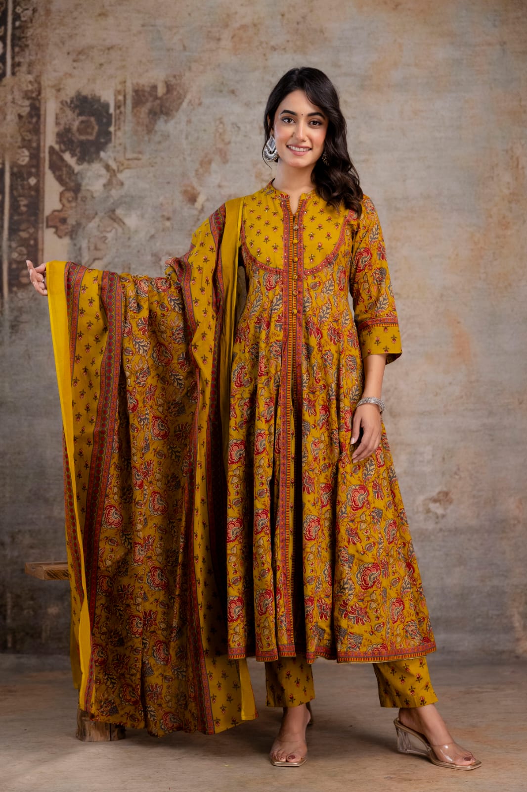 Radhya Mustard Floral Block Print Cotton Anarkali Suit Set
