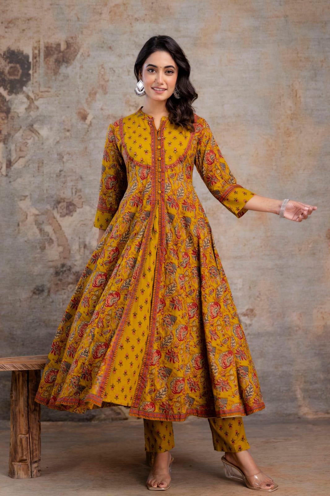 Radhya Mustard Floral Block Print Cotton Anarkali Suit Set