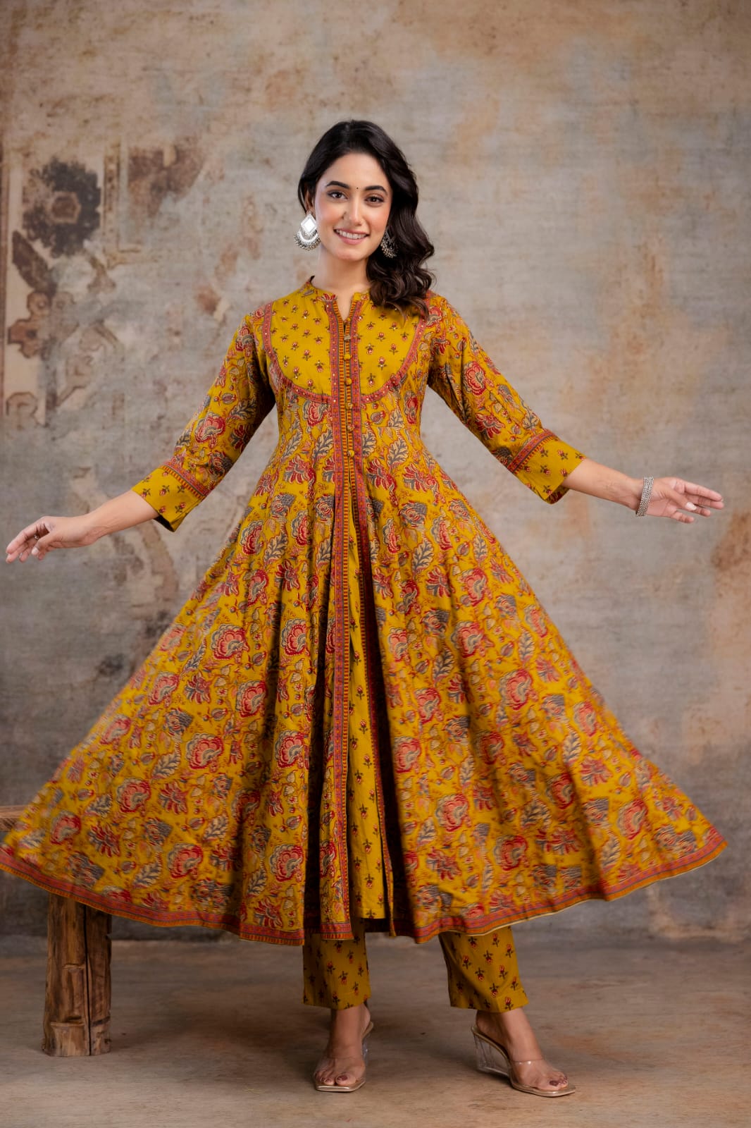 Radhya Mustard Floral Block Print Cotton Anarkali Suit Set