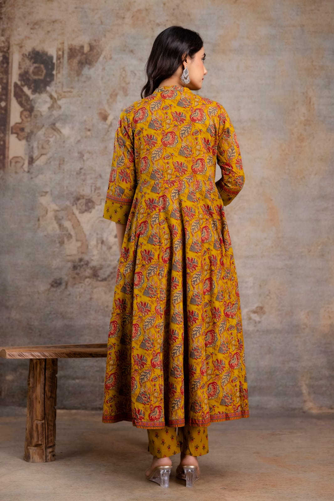 Radhya Mustard Floral Block Print Cotton Anarkali Suit Set