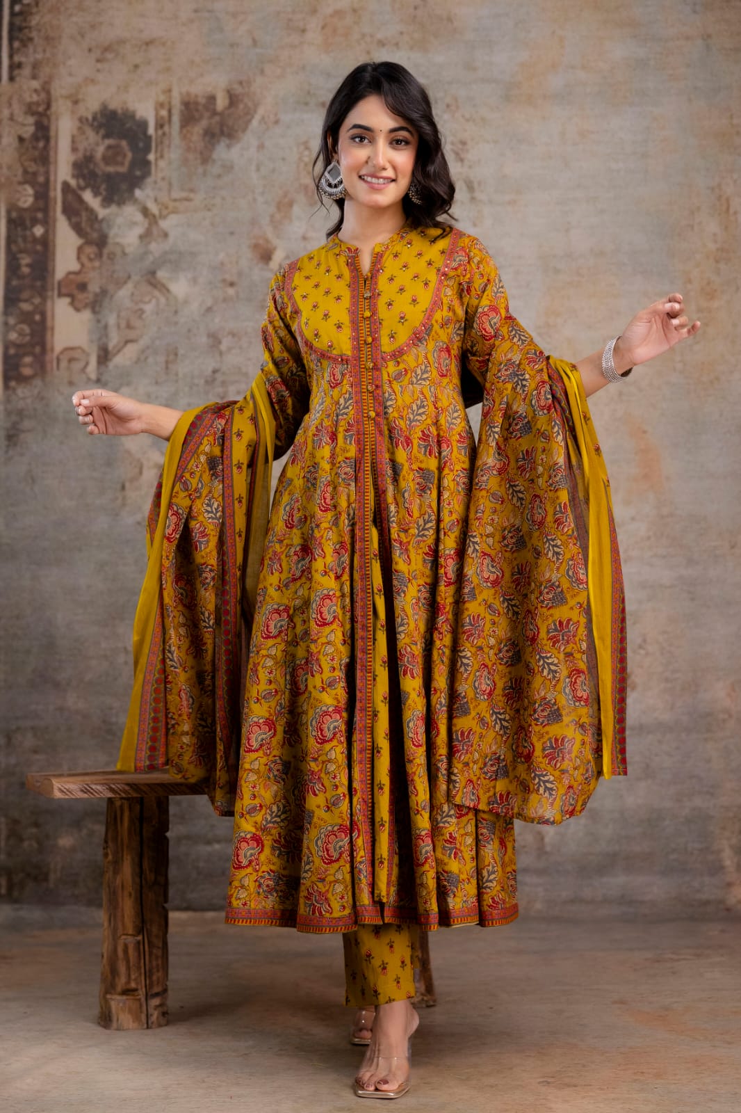 Radhya Mustard Floral Block Print Cotton Anarkali Suit Set