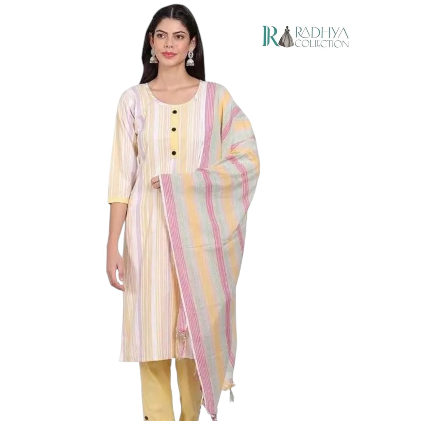 Radhya Collection Pastel Multicolor Striped Cotton Kurti Set with Pant & Dupatta