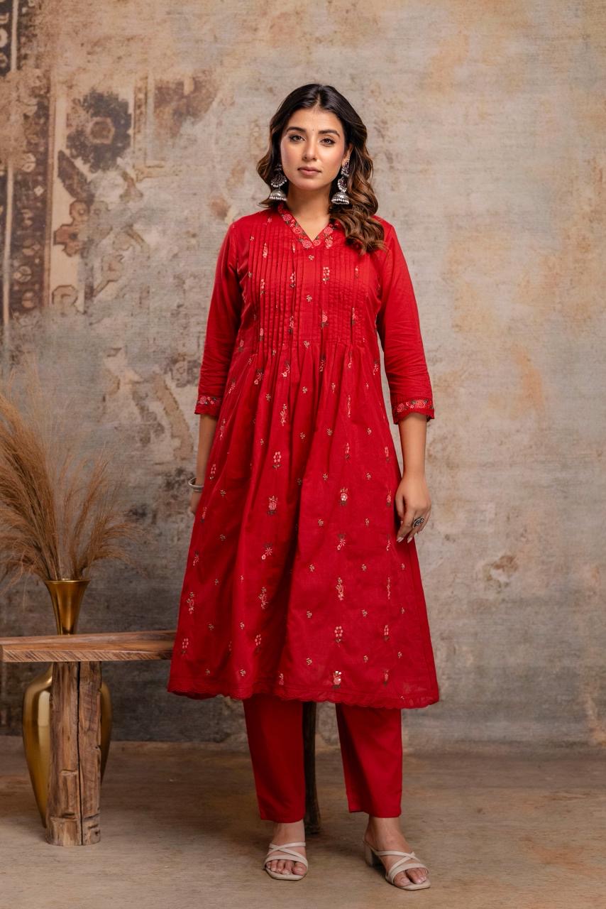 Red Embroidered Mul Cotton Kurta Set with Dupatta