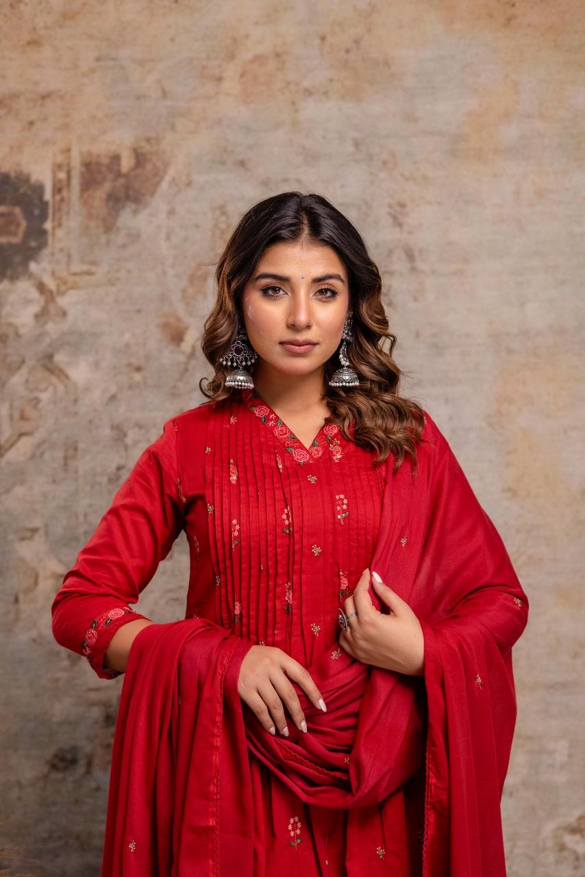 Red Embroidered Mul Cotton Kurta Set with Dupatta