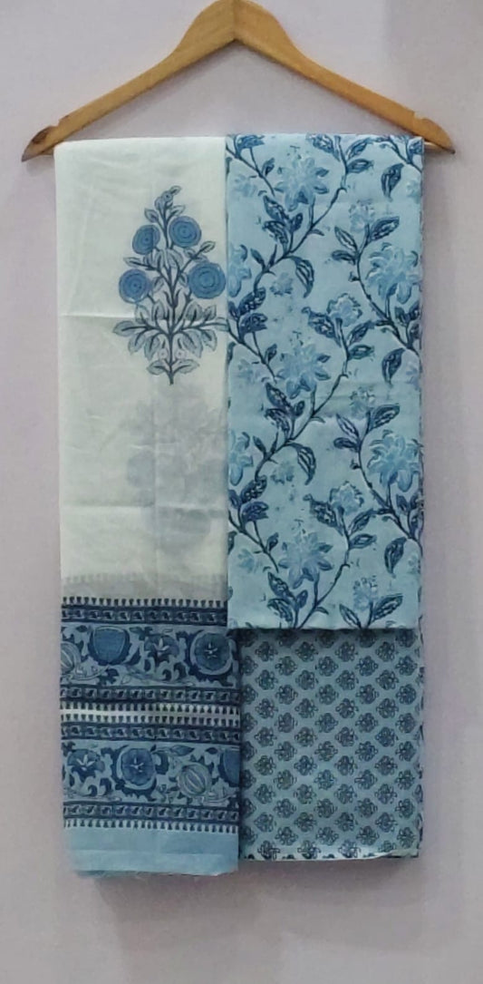 Light Blue Floral Vine Print Unstitched Cotton Suit with Mulmul Dupatta – Radhya