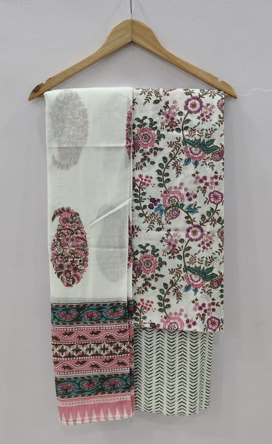Ivory Pink & Grey Floral Print with Paisley Dupatta Unstitched Cotton Suit with Mulmul Dupatta – Radhya