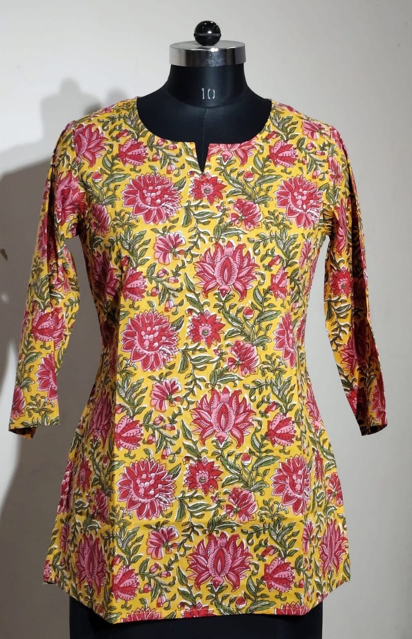 Yellow & Magenta Floral Cotton Short Top – Radhya
