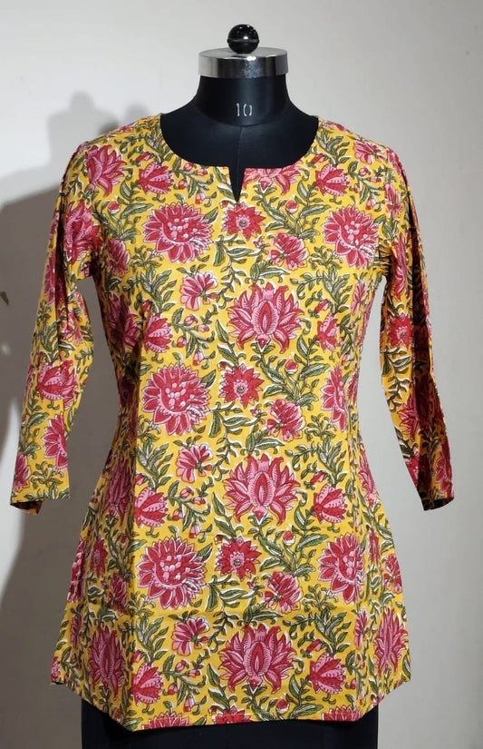 Yellow & Magenta Floral Cotton Short Top – Radhya
