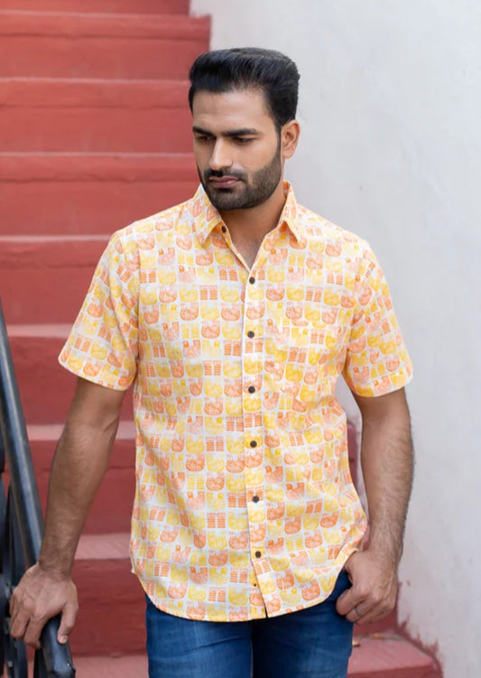 Yellow & Orange Bird Cotton Printed Half Sleeve Shirt – Radhya