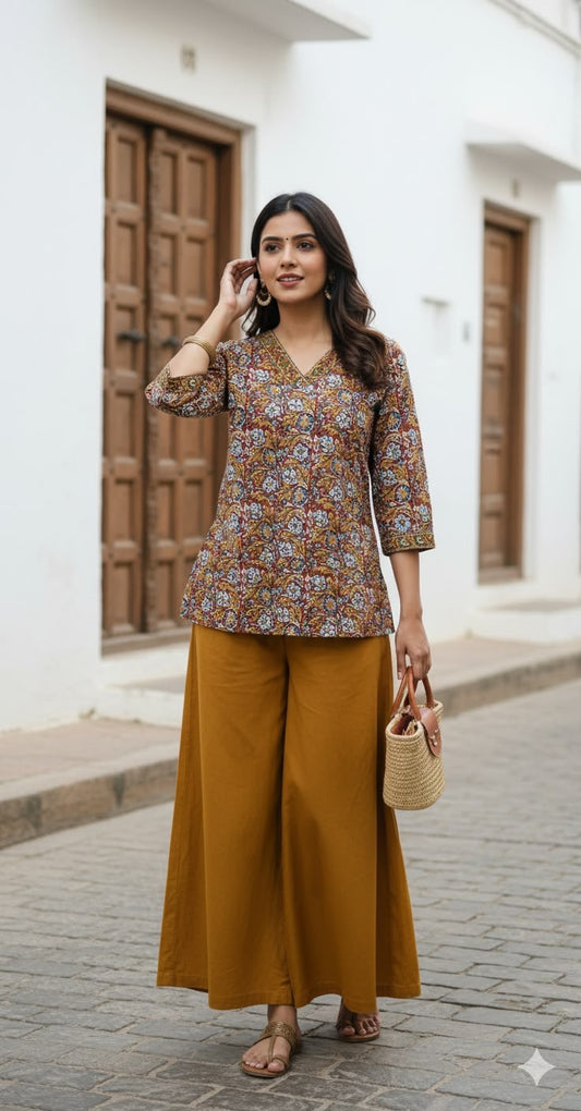 Brown Floral Print Cotton Short Top – Radhya