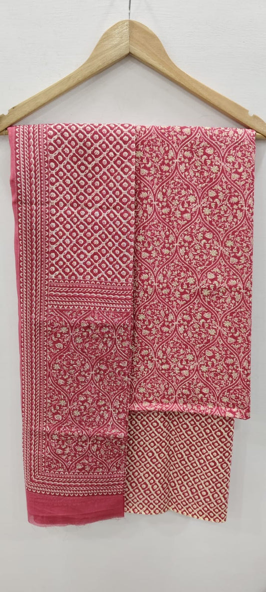 Pink Geometric Print Unstitched Cotton Suit with Mulmul Dupatta – Radhya