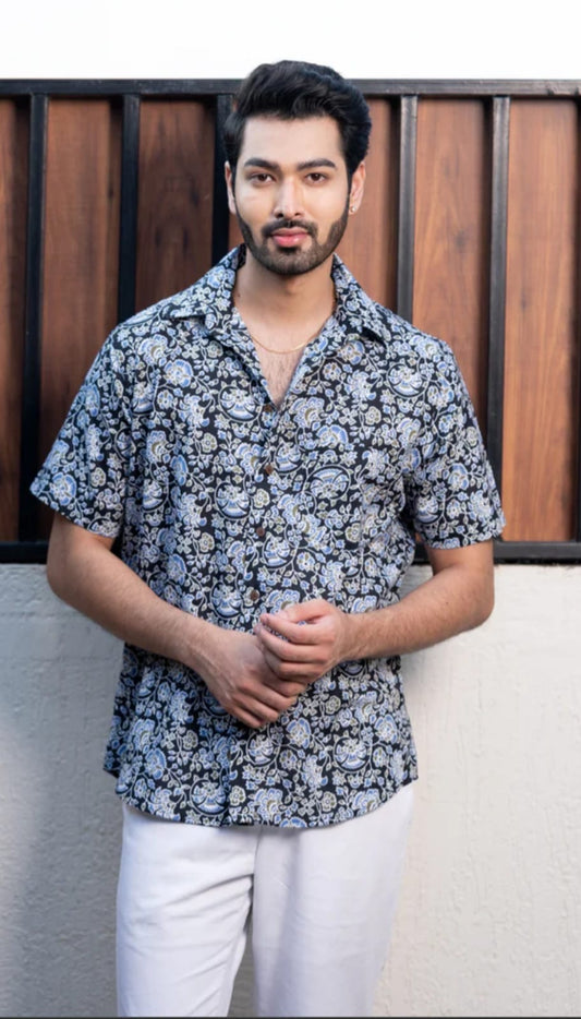 Black & Blue Floral Cotton Printed Half Sleeve Shirt – Radhya