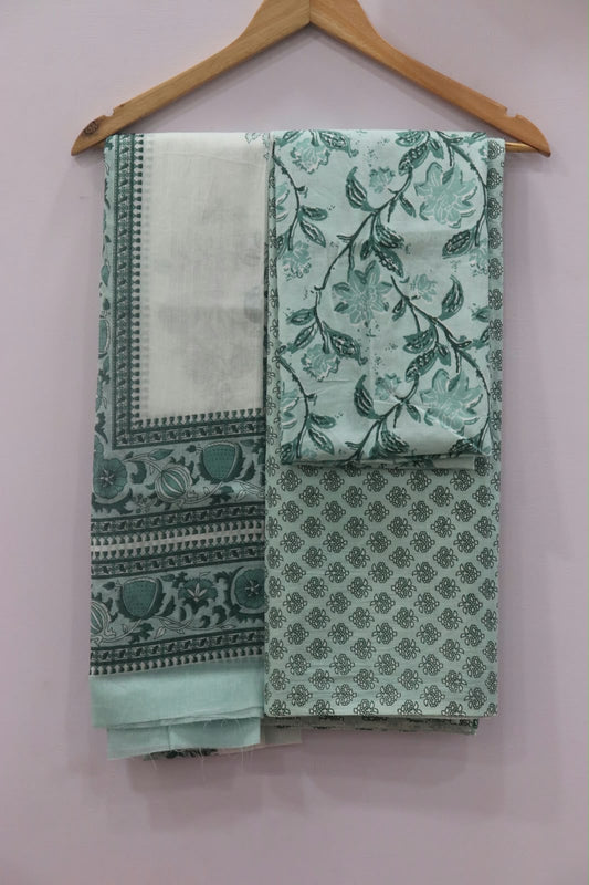 Mint Green Floral Vine Print with Buti Bottom Unstitched Cotton Suit with Mulmul Dupatta – Radhya