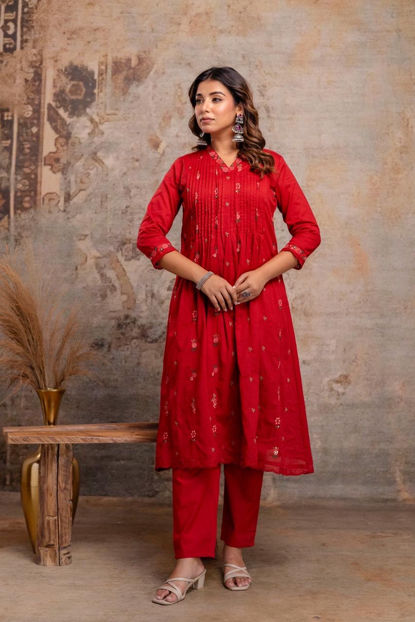 Red Embroidered Mul Cotton Kurta Set with Dupatta