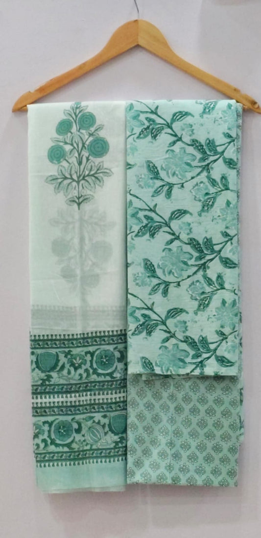 Mint Green Tonal Floral Buta Print Unstitched Cotton Suit with Mulmul Dupatta – Radhya