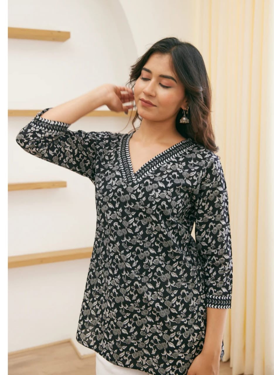 Black & Grey Floral Cotton Short Top – Radhya