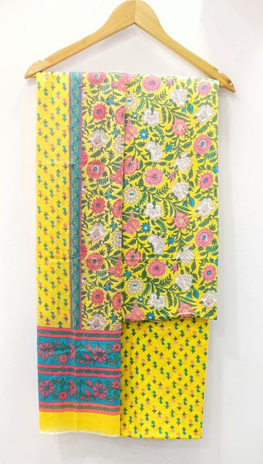 Yellow Floral Print Unstitched Cotton Suit with Mulmul Dupatta – Radhya
