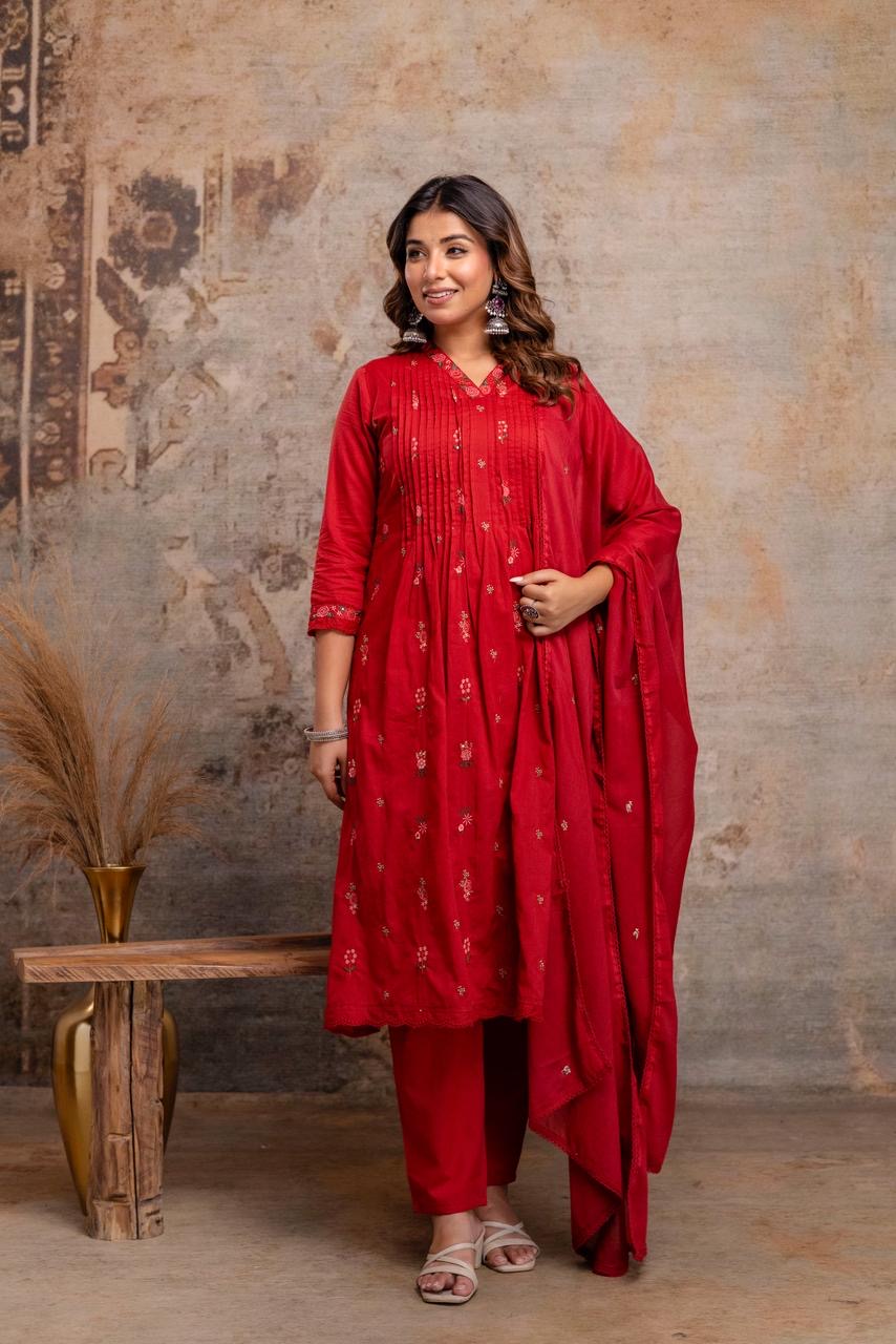 Red Embroidered Mul Cotton Kurta Set with Dupatta