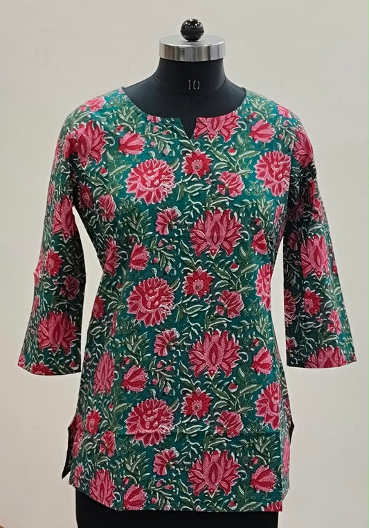 Green & Pink Lotus Floral Cotton Short Top – Radhya
