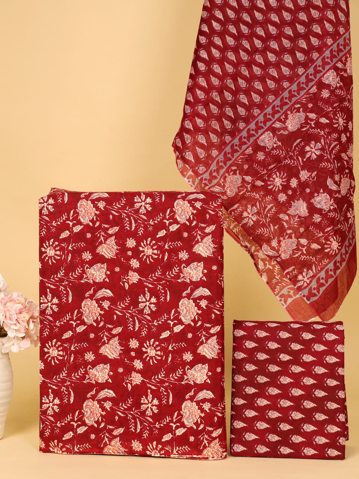 Red Floral Print Unstitched Cotton Suit with Mulmul Dupatta – Radhya